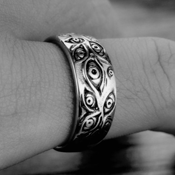 925 Silver Gothic Monster Eye Punk Biker Band Ring + free dragon adjustable - Picture 4 of 5